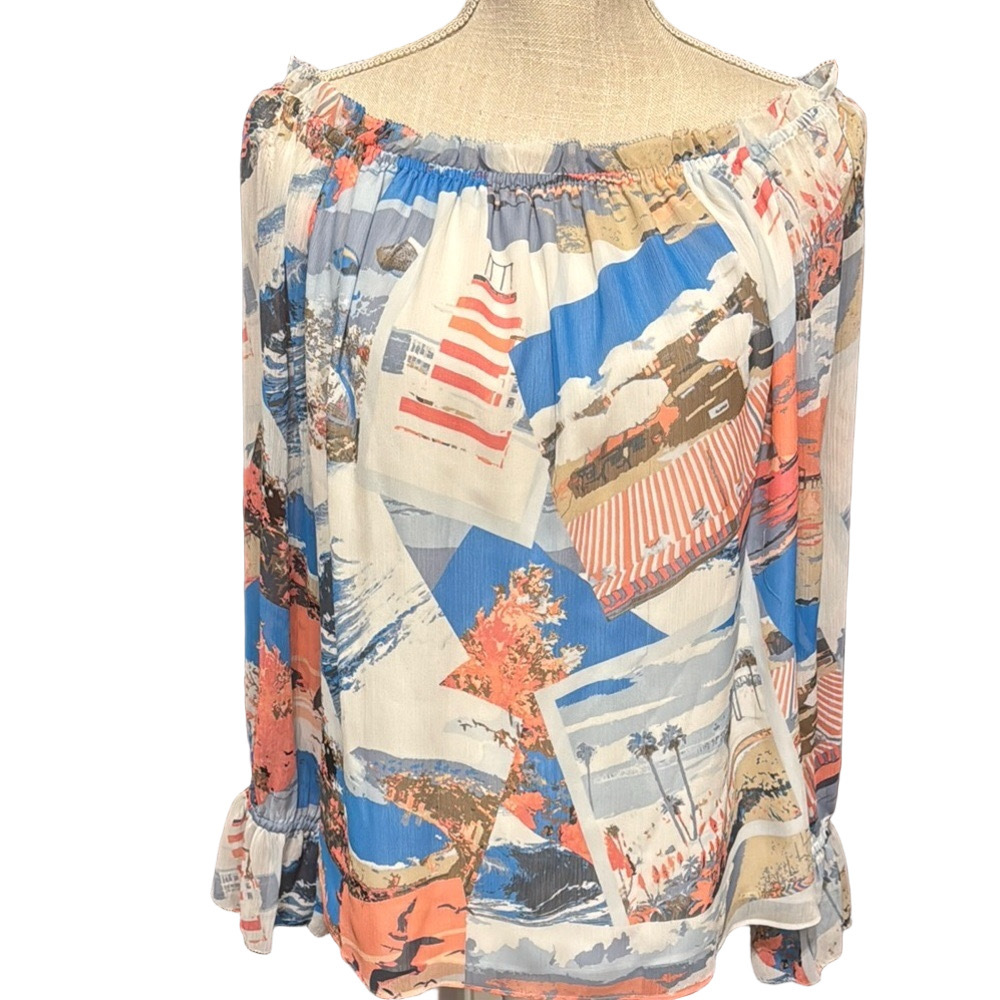 White House Black Market Off-Shoulder Postcard Scenic Coastal Blouse